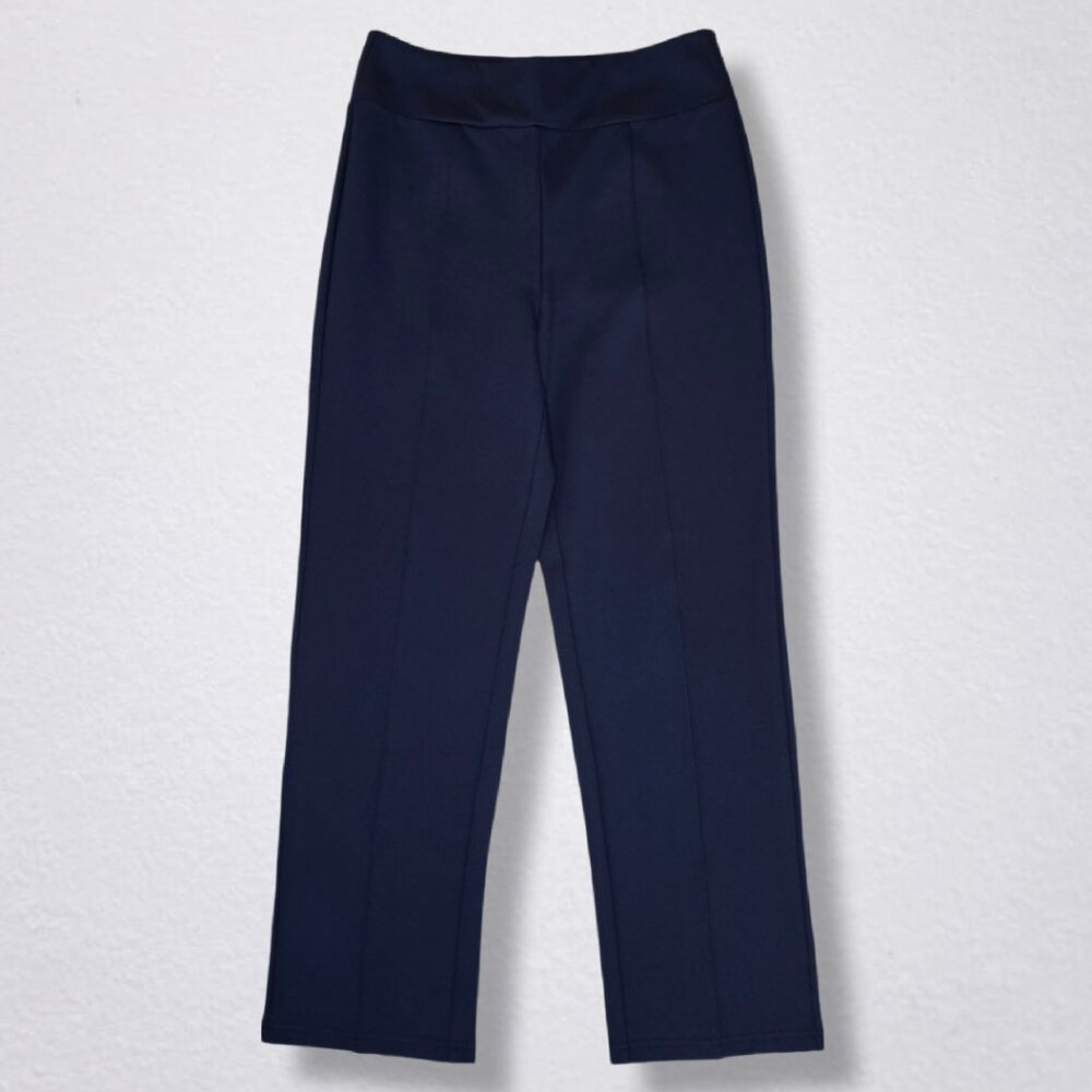 HALARA Navy Straight Leg Pintuck Work Pants w/ Slit Embellishment - Picture 2 of 7